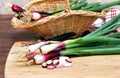 Spring onions, cebollitas cambray, on a cutting board being prep Royalty Free Stock Photo