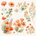 spring orange flowers clipart, vintage watercolor . Ai Generative