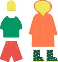 Spring outerwear. Cartoon childrens seasonal spring, summer, autumn clothes. Trousers, raincoat, T-shirt, polka dot