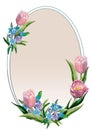 Spring oval frame. Decoration of bouquets of pink tulips and blue forget-me-nots. Blooming spring flowers. Royalty Free Stock Photo
