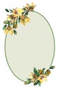 Spring oval frame. Decoration of bouquets with yellow jasmine flowers. Flowering branches with buds, green leaves. Royalty Free Stock Photo