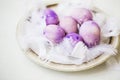 Spring painted Easter eggs still life with feathers, spring holiday table decoration, spring seasonal card