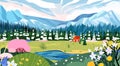 Spring panorama of beautiful landscape, green grasslands meadow with flowers, forest, small blue lake, mountains on horizon Royalty Free Stock Photo