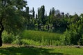 Spring panorama of a part of a residential district neighborhood with a church with modern architecture, lake and bell