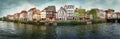 Spring panorama of Strasbourg city in front of Quai des Bateliers street along water canal. Fachwerk timber framing colorful Royalty Free Stock Photo