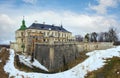 Spring panorama view of old Pidhirtsi Castle (Ukraine, Lvivska Region, built in 1635-1640 by order of Polish Hetman Stanislaw Royalty Free Stock Photo