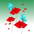 Spring Paper-cut style card on green background. Red flowers, blue butterflies. 3D vector, day, happy, love, flora Royalty Free Stock Photo