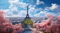 Spring in Paris. Eiffel Tower and blossoming trees over cloudy blue sky