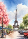 Spring in paris, watercolor eiffel tower and street Royalty Free Stock Photo