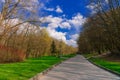 Spring park nature scenic view April nice clear weather morning time of fresh air and asphalt foot path alley way between trees Royalty Free Stock Photo