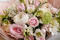 Spring pastel bouquet closeup. Roses. Wedding bouquet. Florist. Flower shop