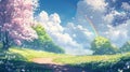 Spring path rainbow cherry blossoms, field, sun Royalty Free Stock Photo