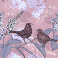 Spring pattern with birds on a blooming branch