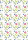 Spring pattern,with blue and blooming pink flowers and green leaves