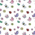 Spring pattern, spring doodle background, hand-drawn doodle seamless vector pattern birds, butterflies, flies, flowers Royalty Free Stock Photo