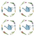 Spring pattern with tulips and garden tools - watering can, shovel and rake.Watercolor illustration. Royalty Free Stock Photo