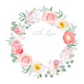 Spring peony, rose, ranunculus, orchid, carnation, eucalyptus leaves round vector design frame Royalty Free Stock Photo