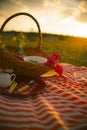 Spring picnic basket on sunset