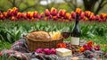 Spring Picnic Featuring Wine Cheese Bread and Tulips Royalty Free Stock Photo
