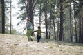 Spring in a pine forest with brother little sister holding hands Royalty Free Stock Photo