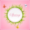 Spring pink background with grass and butterflies