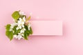 Spring pink blank card for text mockup soar with gentle white apple tree flowers, green leaf, petals on pastel pink background. Royalty Free Stock Photo