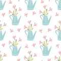 Spring pink flowers bouquet in jug floral seamless pattern Spring garden vector nature illustration Royalty Free Stock Photo