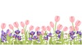 Spring pink Tulip, purple Crocus and white Convallaria majalis. Green flower pattern, grass. Concept for greetings card or