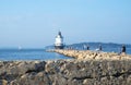 Spring Point lighthouse on a warm summer day in Portland Maine. Windjammers, favorite tourist attraction in Maine.