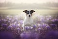 Spring portrait of a female jack russell sitting in the grass full of spring flowers. Royalty Free Stock Photo