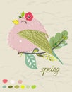 Spring poster with cute cartoon bird in a colorful palette. Vector childish illustration in hand-drawn Scandinavian Royalty Free Stock Photo