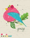 Spring poster with cute cartoon bird in a colorful palette. Vector childish illustration in hand-drawn Scandinavian Royalty Free Stock Photo