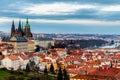 Spring Prague panorama from Prague Hill with Prague Castle, Vltava river and historical architecture. Concept of Europe travel, s Royalty Free Stock Photo