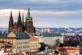 Spring Prague panorama from Prague Hill with Prague Castle, Vltava river and historical architecture. Concept of Europe travel, s Royalty Free Stock Photo