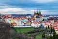 Spring Prague panorama from Prague Hill with Prague Castle, Vltava river and historical architecture. Concept of Europe travel, s Royalty Free Stock Photo