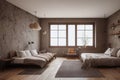 Spring Primary Bedroom Interior with Ceramics on Shelf and Hanging Pendant Lights