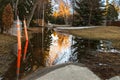 Spring puddle in low place on park path