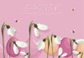 Spring purple banner with easter eggs, white snowdrops and bees flying Royalty Free Stock Photo