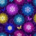 Spring purple seamless pattern with bright translucent flowers and butterflies