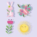 spring rabbit butterfly sun flowers nature icon set