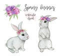 Spring rabbit clipart, watercolor bunnies isolated, easter bunny set, rabbit hand drawn illustration, cute woodland animals