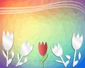 Spring rainbow triangle background with tulips cut out of paper