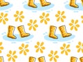 Spring Rainy weather. Seamless pattern with Bright yellow boots walking in puddle. Yellow spring flower fields. Polka