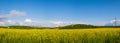Spring rapeseed yellow blooming fields view, blue sky with clouds in sunlight panorama. Pyatnychany tower defense structure, 15th Royalty Free Stock Photo