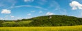 Spring rapeseed yellow blooming fields view panorama. Pyatnychany tower (defense structure, 15th Royalty Free Stock Photo