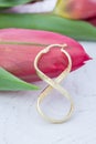 Spring, red tulips and a golden infinity sign on a white background Royalty Free Stock Photo