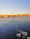 Spring river and the bridge in the sunset