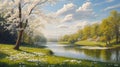 Spring River Landscape with White Blossoming Tree Royalty Free Stock Photo