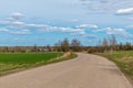 Spring Road. Green cereal fields and white clouds in blue skies Royalty Free Stock Photo