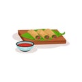 Spring rolls with meat and vegetables on wooden board, bowl of sauce. Delicious food. Tasty Asian snack. Flat vector Royalty Free Stock Photo